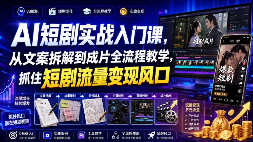 AI短剧实战入门课,从文案拆解到成片全流程教学,抓住短剧流量变现风口-副业吧