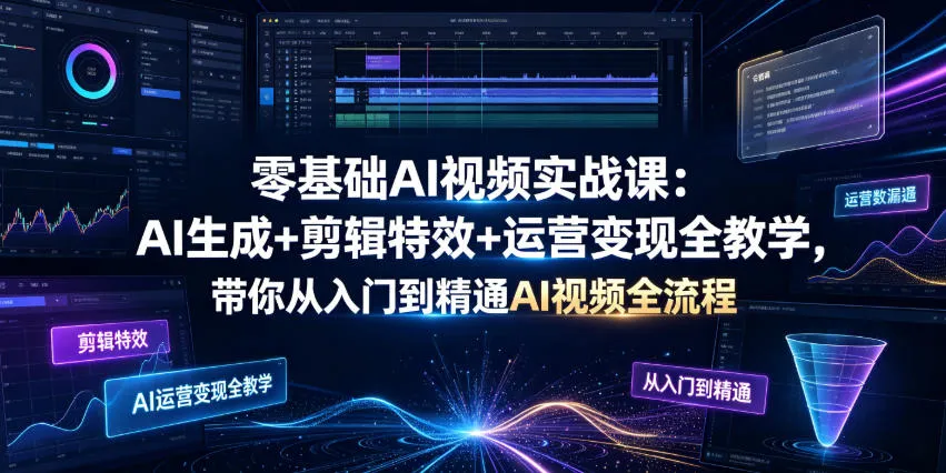 零基础AI视频实战课:AI生成+剪辑特效+运营变现全教学,带你从入门到精通AI视频全流程-副业吧