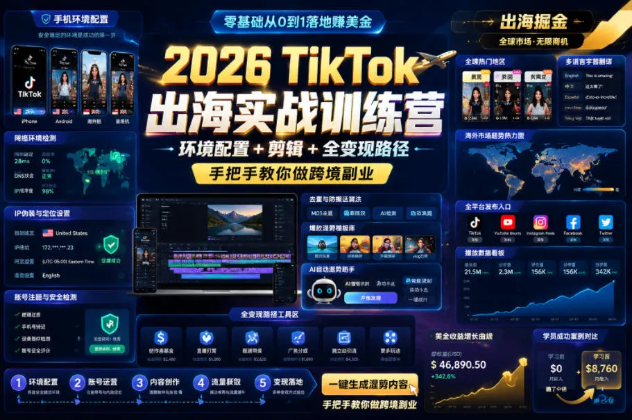 2026 TikTok出海实战训练营,环境配置 + 剪辑 + 全变现路径,手把手教你做跨境副业-副业吧