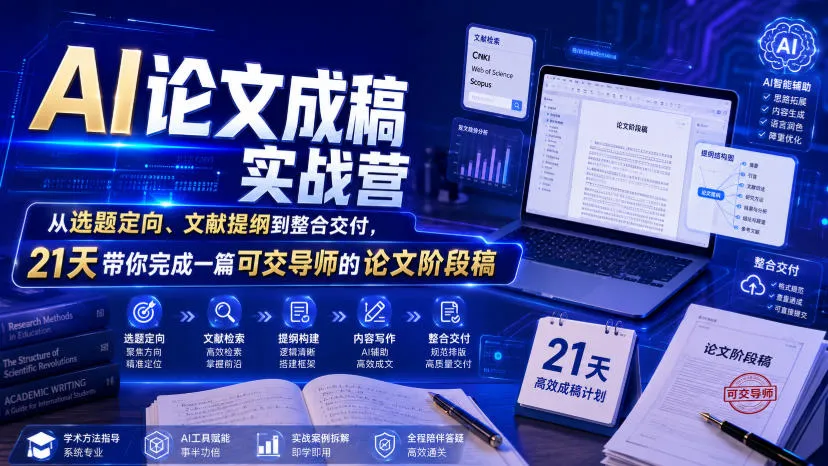 AI论文成稿实战营，从选题定向、文献提纲到整合交付，21天带你完成一篇可交导师的论文阶段稿-副业吧