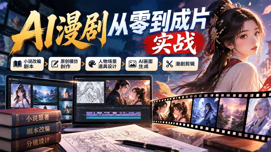 AI漫剧从零到成片实战：小说改编剧本、原创模仿创作、人物场景道具设计、AI画面生成与漫剧剪辑-副业吧