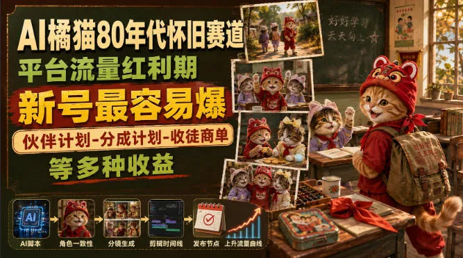AI橘猫80年代怀旧赛道,平台流量红利期,新号最容易爆,伙伴计划-分成计划-收徒商单等多种收益-副业吧