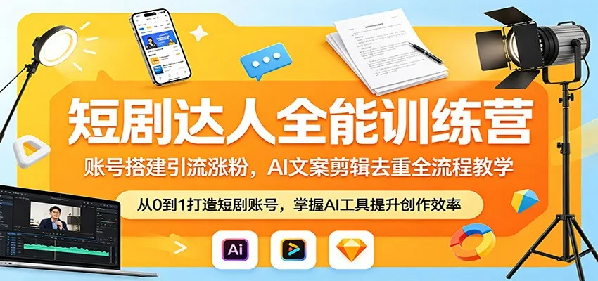 短剧达人全能训练营：账号搭建引流涨粉，AI 文案剪辑去重全流程教学-副业吧