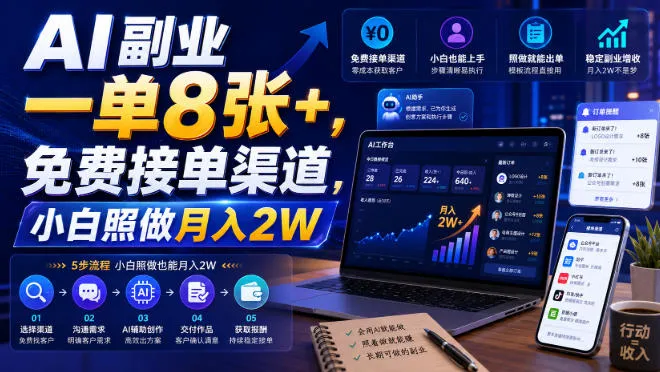 AI副业一单8张+,免费接单渠道,小白照做月入2W【揭秘】-副业吧