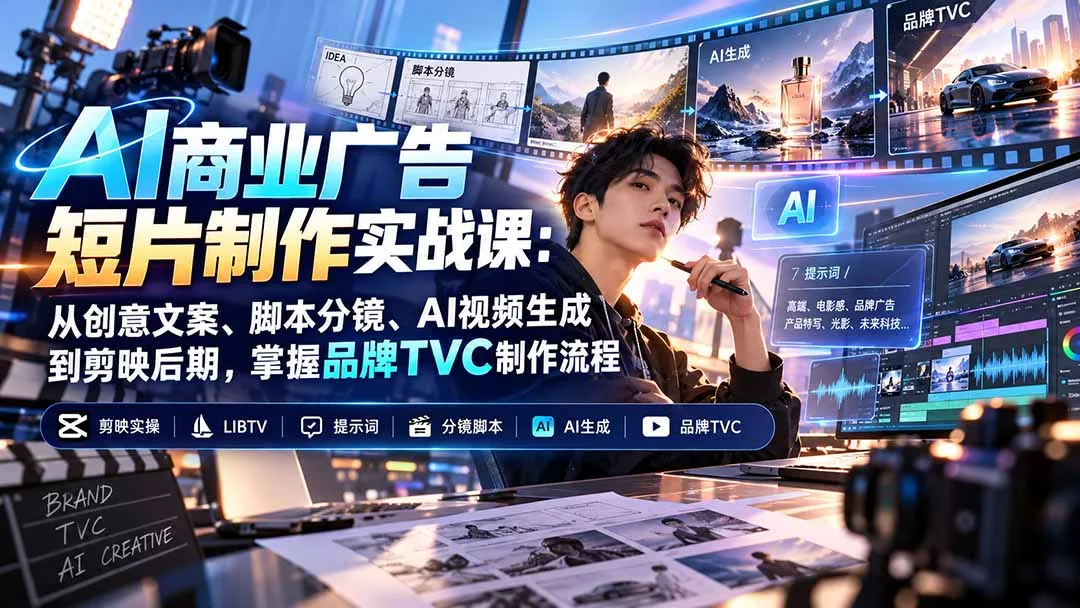 AI商业广告短片制作实战课:从创意文案、脚本分镜、AI视频生成到剪映后期,掌握品牌TVC制作流程-副业吧