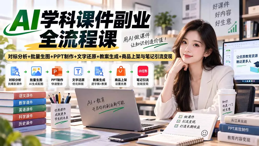 AI学科课件副业全流程课｜对标分析+批量生图+PPT制作+文字还原+教案生成+商品上架与笔记引流变现-副业吧