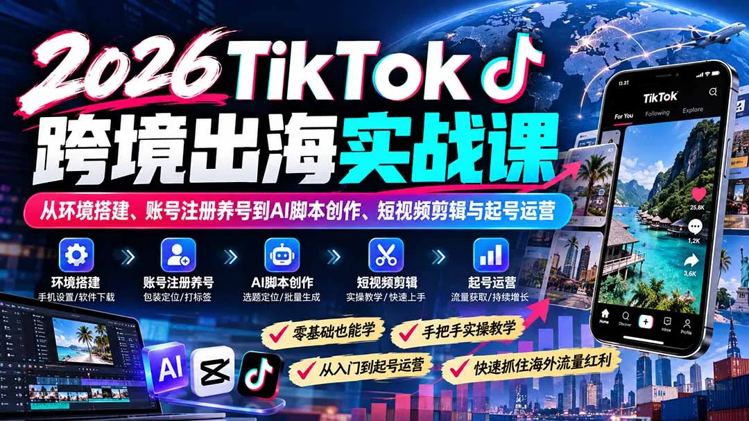 2026TikTok跨境出海实战课：从环境搭建、账号注册养号到AI脚本创作、短视频剪辑与起号运营-副业吧