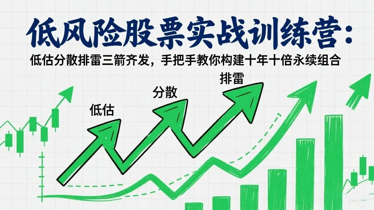 【精】低风险股票实战训练营：低估分散排雷三箭齐发，手把手教你构建十年十倍永续组合-副业吧