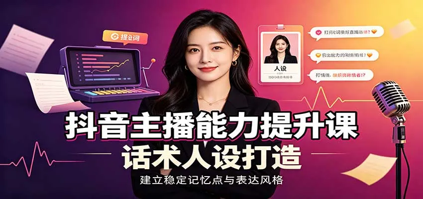 抖音主播能力提升课：账号底层逻辑，直播间搭建调试，话术人设打造全套教学-副业吧
