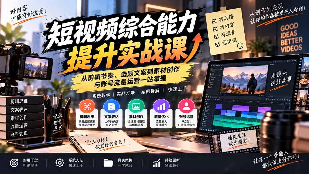 短视频综合能力提升实战课:从剪辑节奏、选题文案到素材创作与账号流量运营一站掌握-副业吧