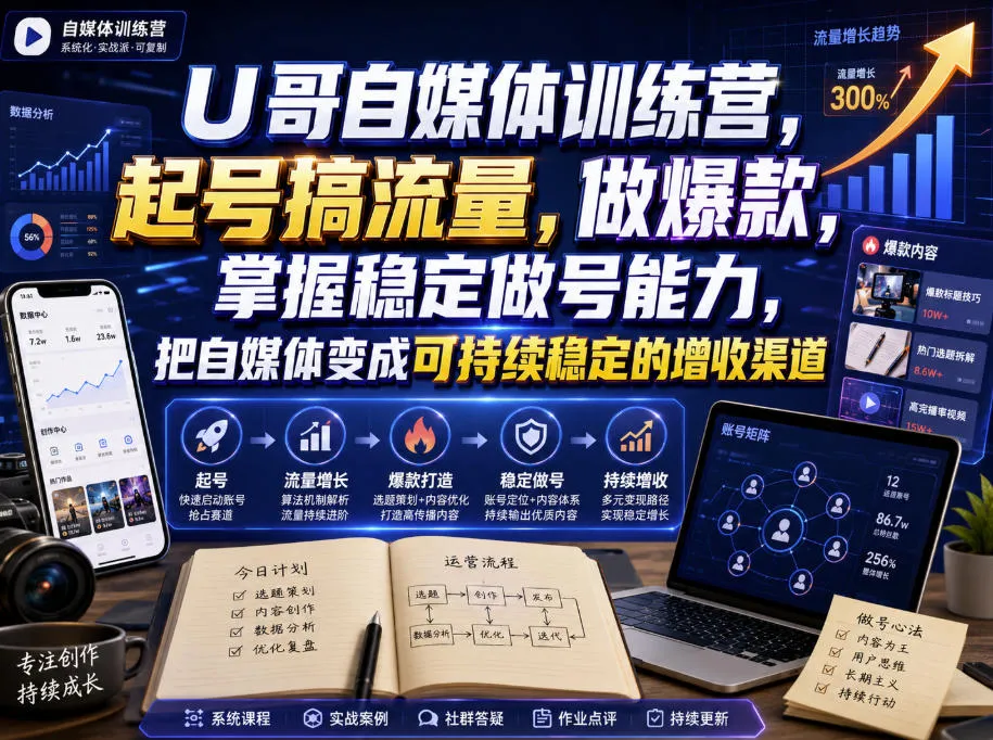 U哥自媒体训练营，起号搞流量，做爆款，掌握稳定做号能力，把自媒体变成可持续稳定的增收渠道-副业吧