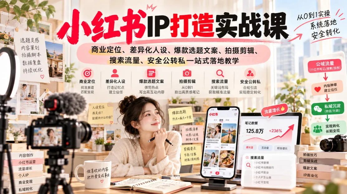 小红书ip打造实战课,商业定位、差异化人设、爆款选题文案、拍摄剪辑、搜索流量、安全公转私一站式落地教学-副业吧