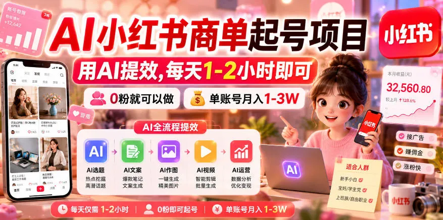AI小红书商单起号项目,用AI提效,每天1-2小时即可,0粉就可以做,单账号月入1-3W-副业吧