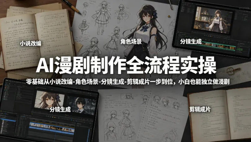 AI漫剧制作全流程实操，零基础从小说改编-角色场景-分镜生成-剪辑成片一步到位，小白也能独立做漫剧-副业吧