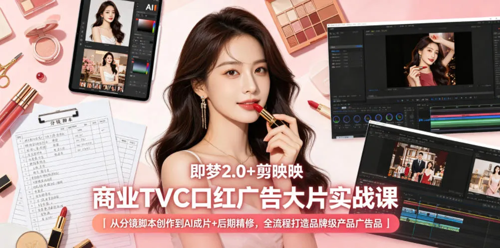 即梦2.0+剪映商业TVC口红广告大片实战课｜从分镜脚本创作到AI成片+后期精修，全流程打造品牌级产品广告-副业吧