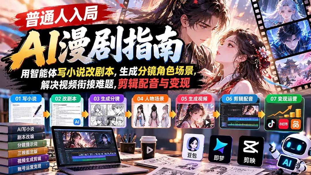 【无水印】普通人入局AI漫剧指南：用智能体写小说改剧本，生成分镜角色场景，解决视频衔接难题，剪辑配音与变现-副业吧