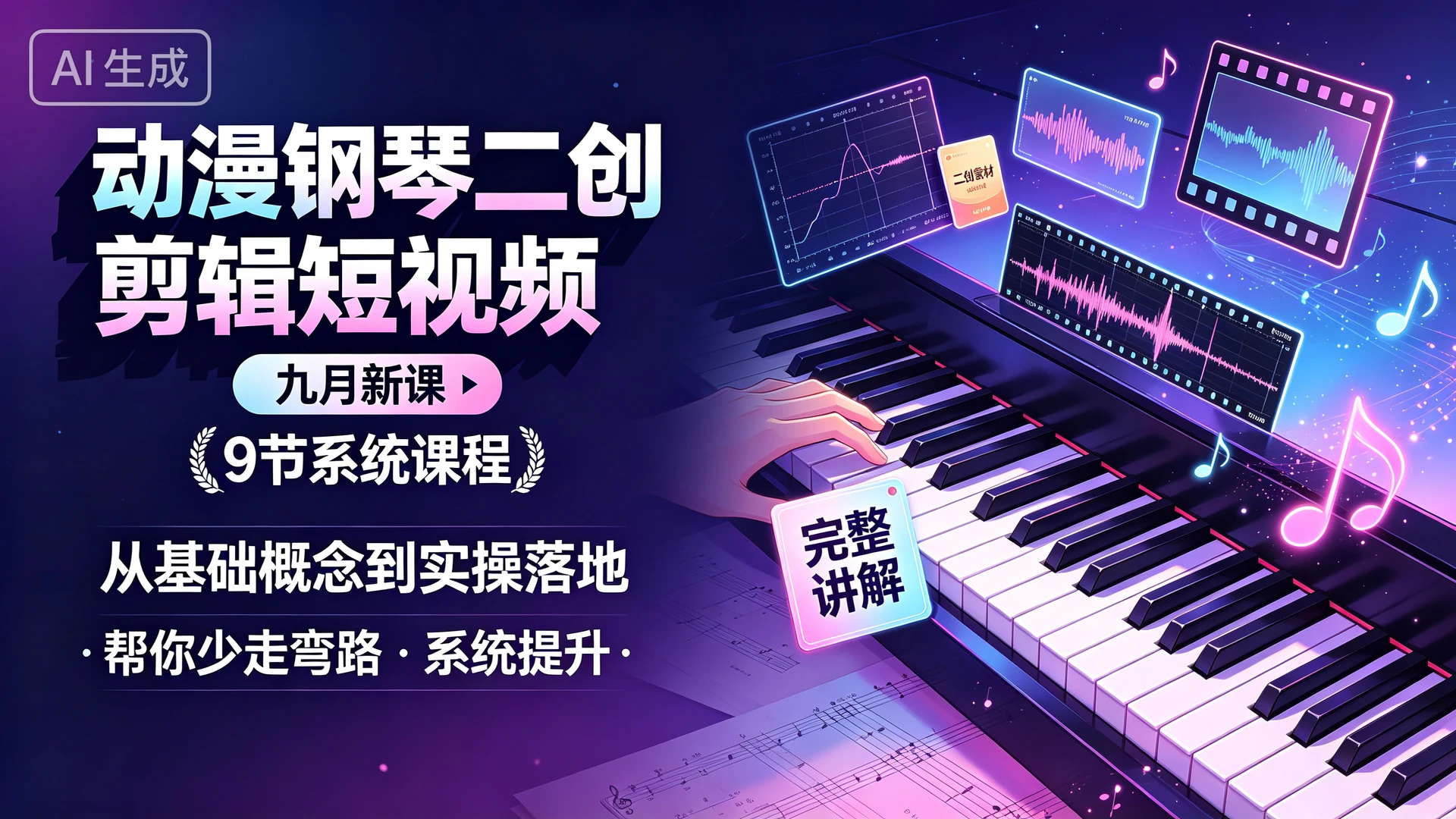 动漫钢琴二创剪辑短视频 九月新课，9 节系统课程，从基础概念到实操落地完整讲解，帮你少走弯路系统提升-副业吧