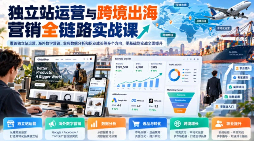 独立站运营与跨境出海营销全链路实战课，覆盖独立站运营、海外数字营销、业务数据分析和职业成长等多个方向，零基础到实战全面提升-副业吧