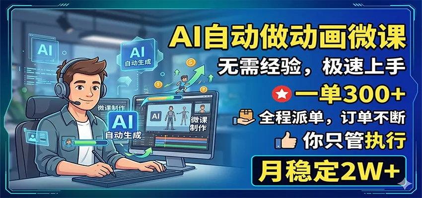 AI自动做动画微课，一单300+，全程派单，你只管执行，月稳定2W+-副业吧