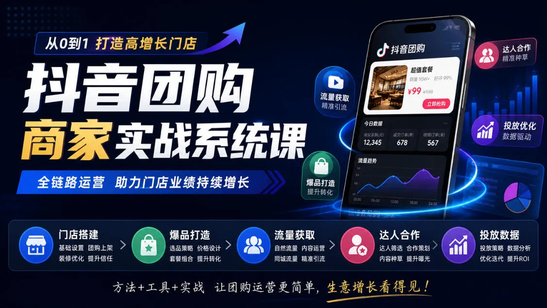 抖音团购商家实战系统课｜门店搭建、爆品打造、流量获取、达人合作、投放数据全链路运营-副业吧