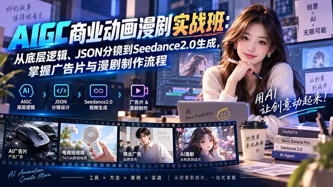 AIGC商业动画漫剧实战班-更新：从底层逻辑、JSON分镜到Seedance2.0生成，掌握广告片与漫剧制作流程-副业吧