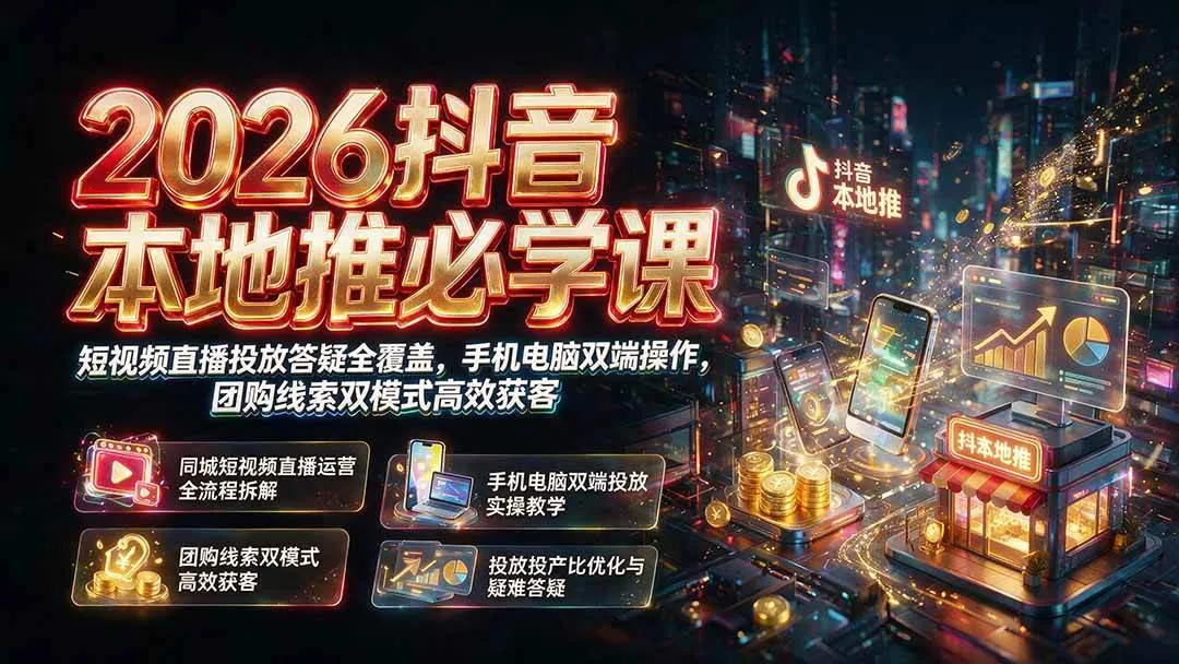 (19618期)2026抖音本地推必学课|短视频直播投放答疑全覆盖,手机电脑双端操作,团购线索双模式高效获客-副业吧