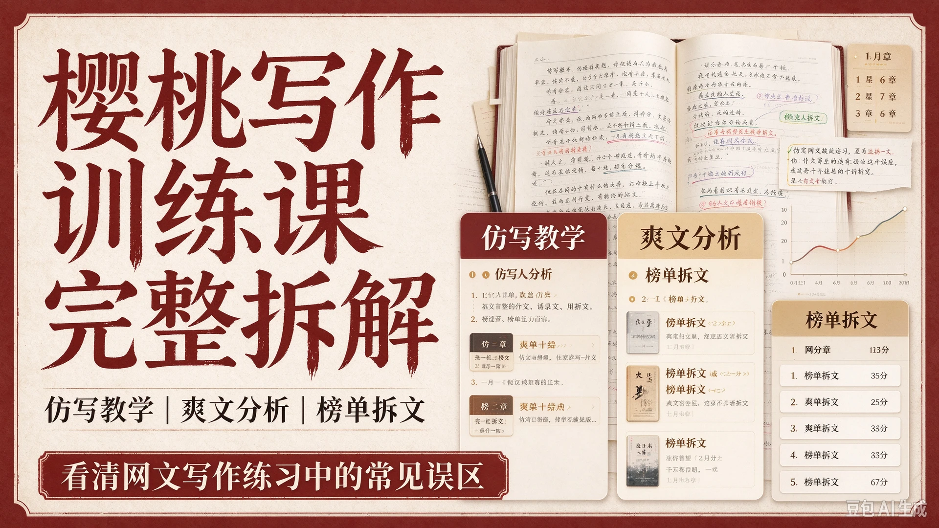 【精】樱桃写作训练课完整拆解,包含仿写教学、爽文分析与榜单拆文,帮写作者看清网文写作练习中的常见误区-副业吧