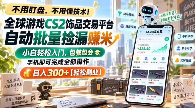 全球游戏CS2饰品交易平台自动批量捡漏賺米,小白轻松入门,包教包会,手机即可完成全部操作,日入300+【揭秘】-副业吧