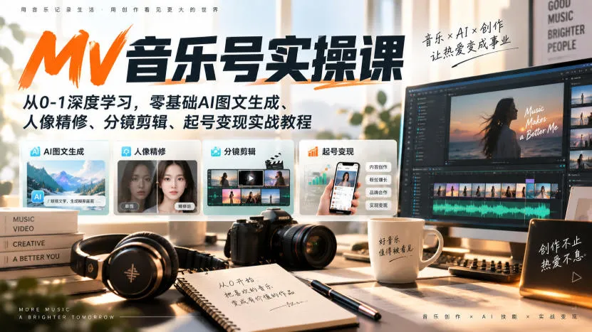 AI MV音乐号实操课，从0-1深度学习，零基础AI图文生成、人像精修、分镜剪辑、起号变现实战教程-副业吧