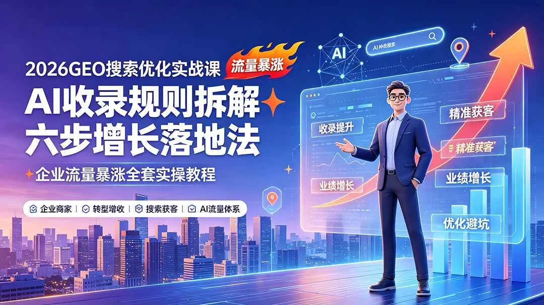 (19333期)2026GEO搜索优化实战课:AI收录规则拆解|六步增长落地法|企业流量暴涨全套实操教程-副业吧 (19333期)2026GEO搜索优化实战课:AI收录规则拆解|六步增长落地法|企业流量暴涨全套实操教程-副业吧
