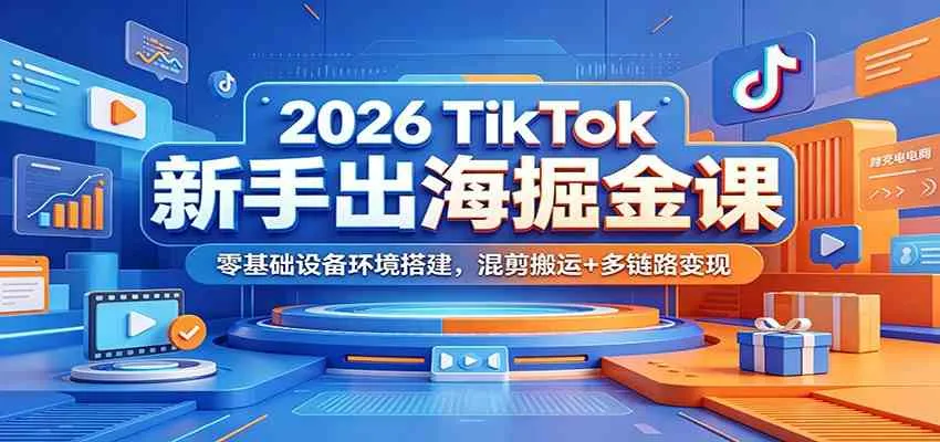 2026 TikTok新手出海掘金课：零基础设备环境搭建，混剪搬运+多链路变现-副业吧