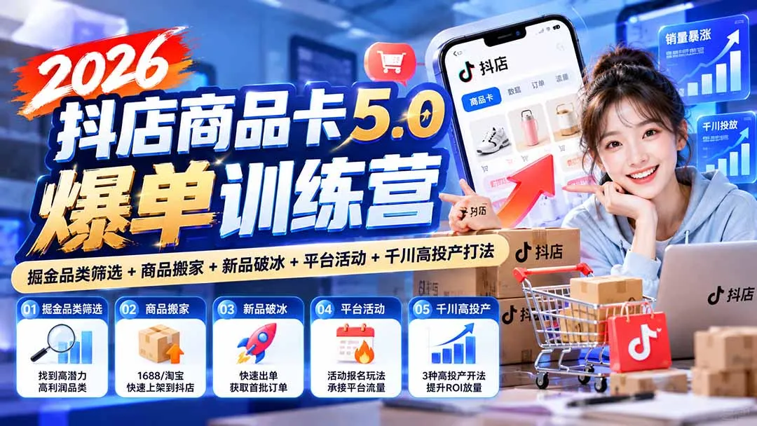 2026抖店商品卡5.0爆单训练营:掘金品类筛选+商品搬家+新品破冰+平台活动+千川高投产打法-副业吧
