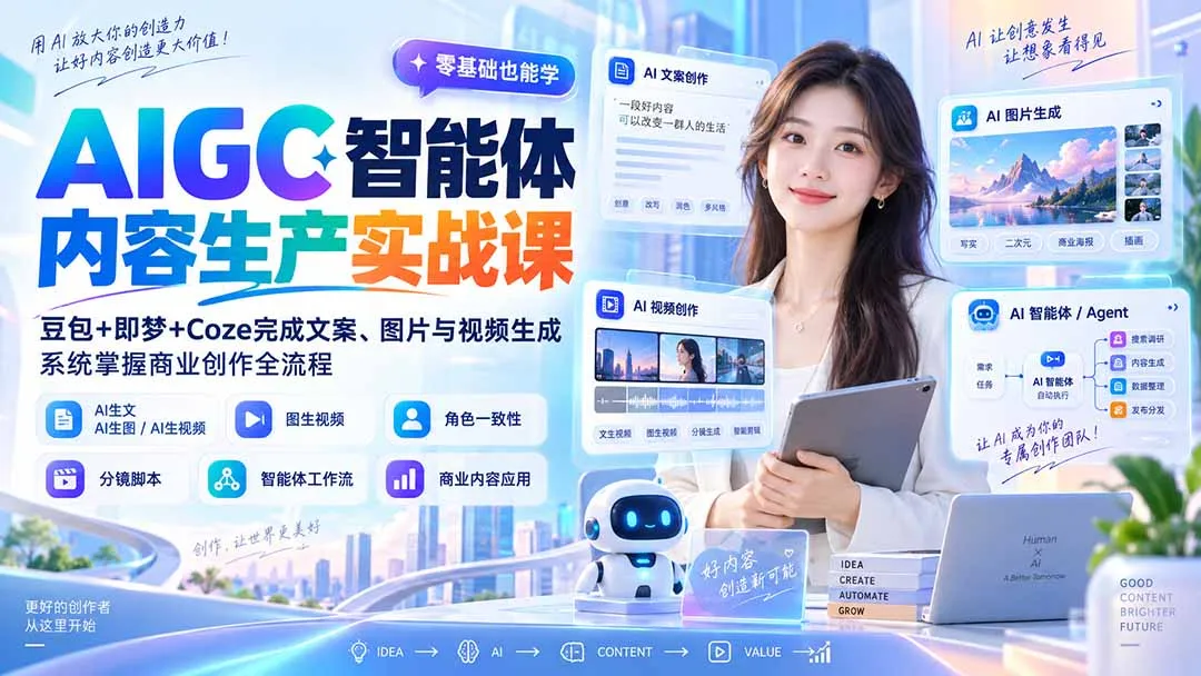 AIGC智能体内容生产实战课：豆包+即梦+Coze完成文案、图片与视频生成，系统掌握商业创作全流程-副业吧