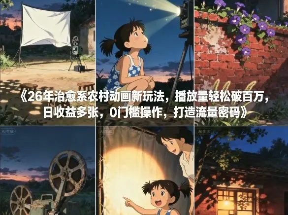 26年治愈系农村动画新玩法，播放量轻松破百万，日收益多张，0门槛操作，打造流量密码-副业吧