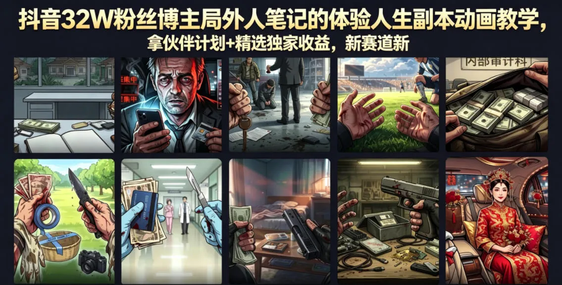 【精】抖音32W粉丝博主局外人笔记的体验人生副本动画教学，拿伙伴计划+精选独家收益，新赛道新涨粉快（录制版）-副业吧