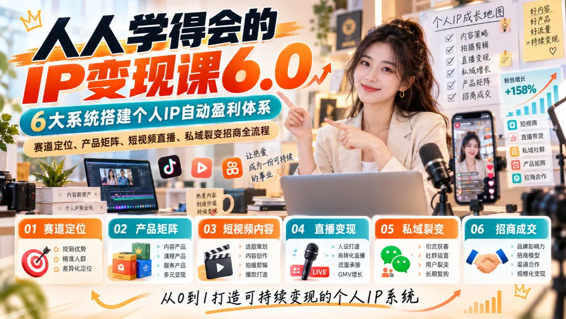 人人学得会的IP变现课6.0，6大系统搭建个人IP自动盈利体系，赛道定位、产品矩阵、短视频直播、私域裂变招商全流程-副业吧