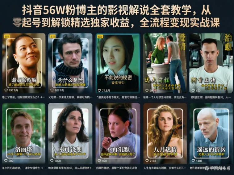 【精】抖音56W粉博主的影视解说全套教学，从零起号到解锁精选独家收益，全流程变现实战课-副业吧