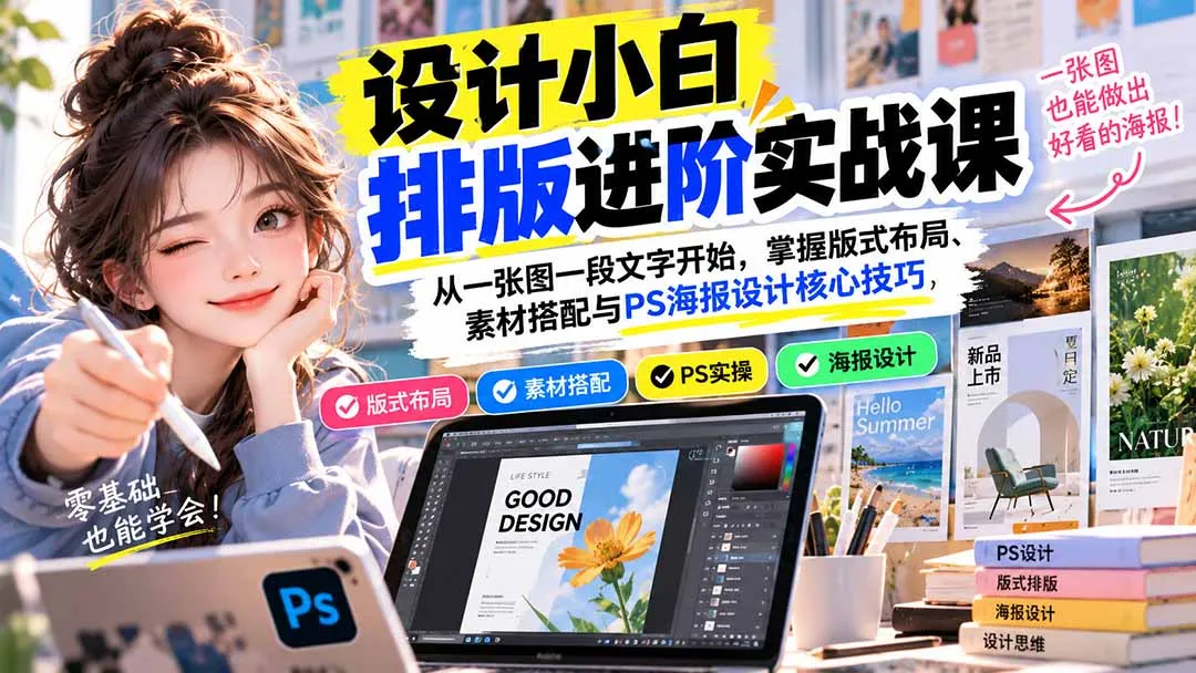 设计小白排版进阶实战课:从一张图一段文字开始,掌握版式布局、素材搭配与PS海报设计核心技巧-副业吧