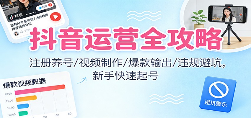 抖音运营全攻略:注册养号/视频制作/爆款输出/违规避坑,新手快速起号-副业吧