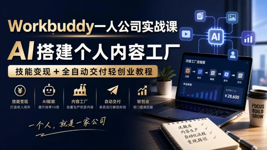 Workbuddy一人公司实战课，AI搭建个人内容工厂，技能变现+全自动交付轻创业教程-副业吧