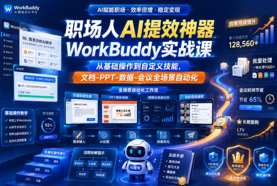 职场人AI提效神器WorkBuddy实战课,从基础操作到自定义技能,文档-PPT-数据-会议全场景自动化-副业吧
