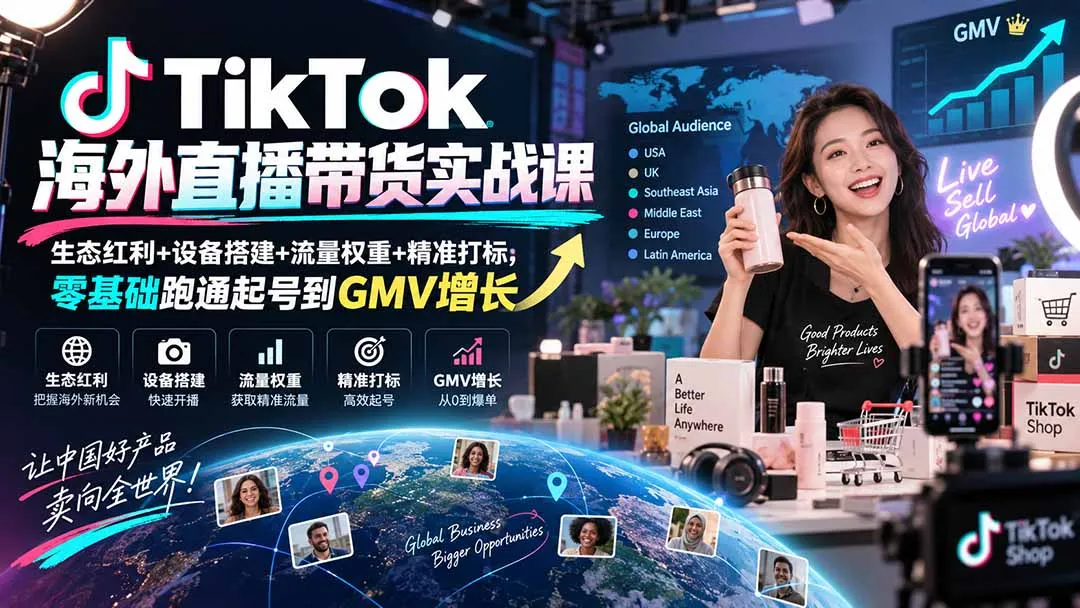 TikTok海外直播带货实战课|生态红利+设备搭建+流量权重+精准打标,零基础跑通起号到GMV增长-副业吧