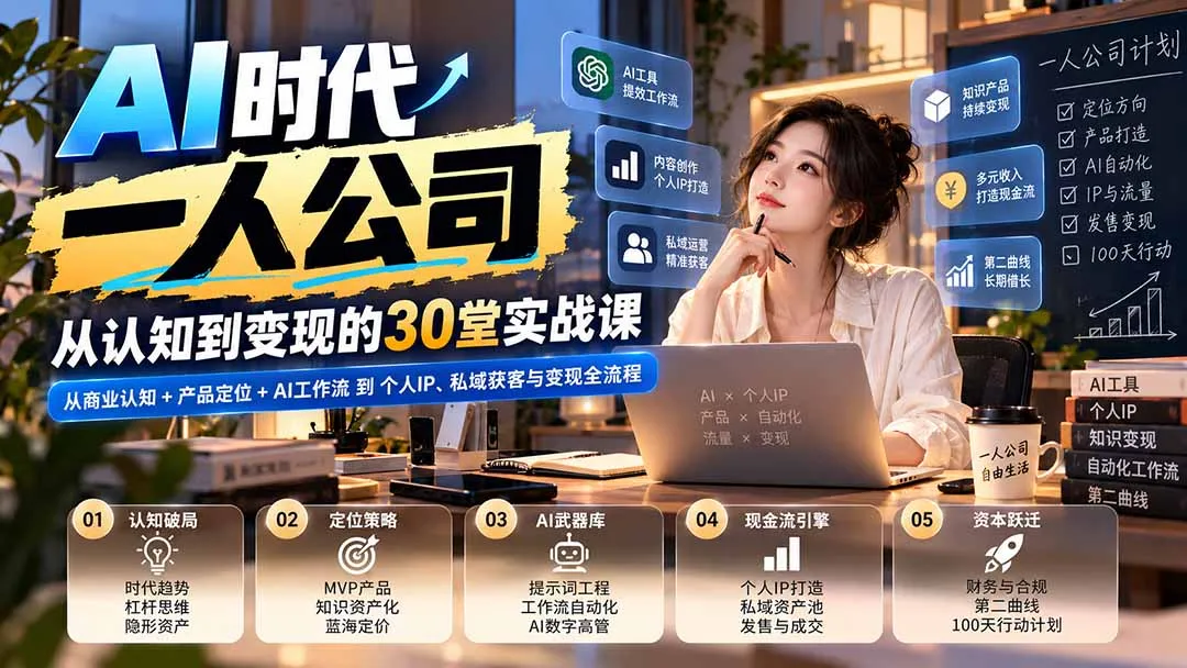 【无水印】AI时代一人公司30堂实战课：从商业认知+产品定位+AI工作流到个人IP、私域获客与变现全流程-副业吧