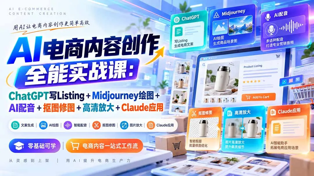 【无水印】AI电商内容创作全能实战课：ChatGPT写Listing+Midjourney绘图+AI配音+抠图修图+高清放大+Claude应用-副业吧