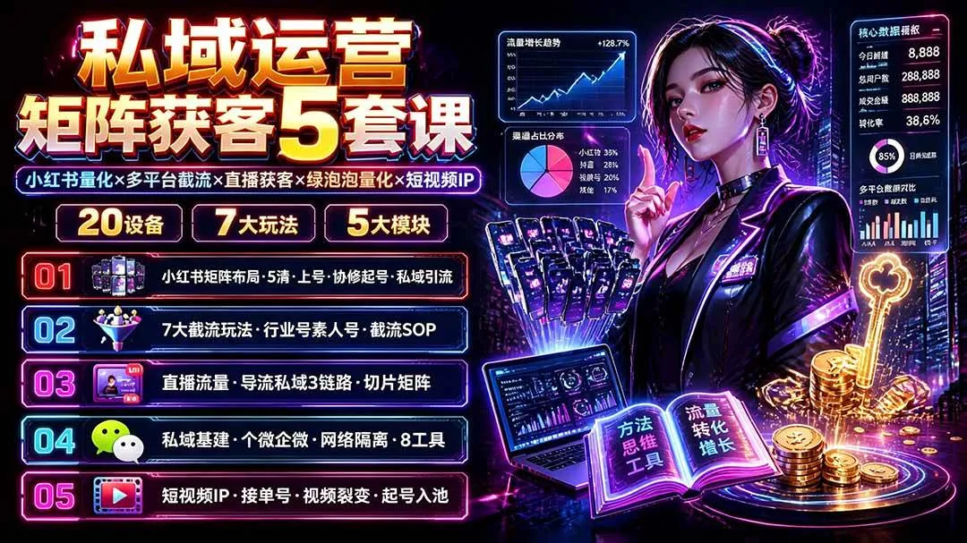(19617期)私域运营矩阵获客5套课:小红书量化×多平台截流×直播获客×绿泡泡量化×短视频IP×20设备×7大玩法-副业吧