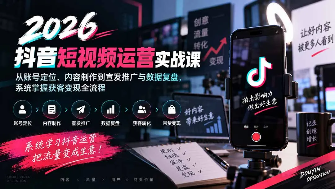 2026抖音短视频运营实战课：从账号定位、内容制作到宣发推广与数据复盘，系统掌握获客变现全流程-副业吧