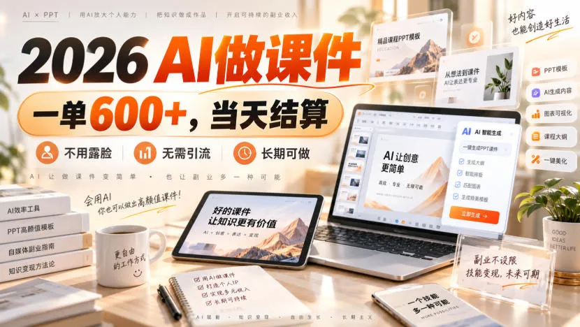 2026 AI做课件,一单600+,当天结算,不用露脸,无需引流,长期可做【揭秘】-副业吧