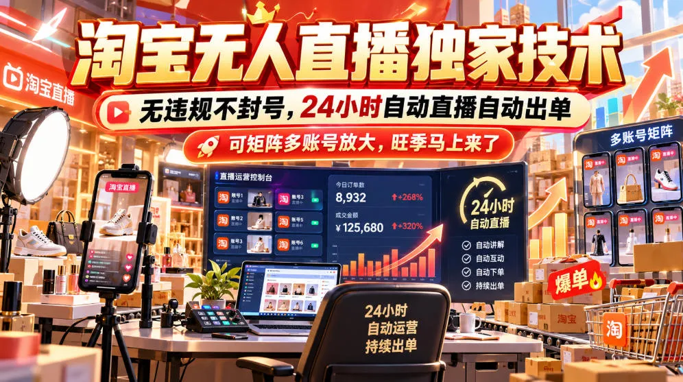 淘宝无人直播独家技术,无违规不封号,24小时自动直播自动出单,可矩阵多账号放大,旺季马上来了【揭秘】-副业吧