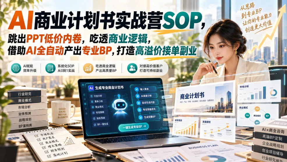 AI商业计划书实战营SOP,跳出PPT低价内卷,吃透商业逻辑,借助AI全自动产出专业BP,打造高溢价接单副业-副业吧