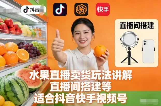 水果直播卖货玩法讲解、直播间搭建等，适合抖音快手视频号-副业吧